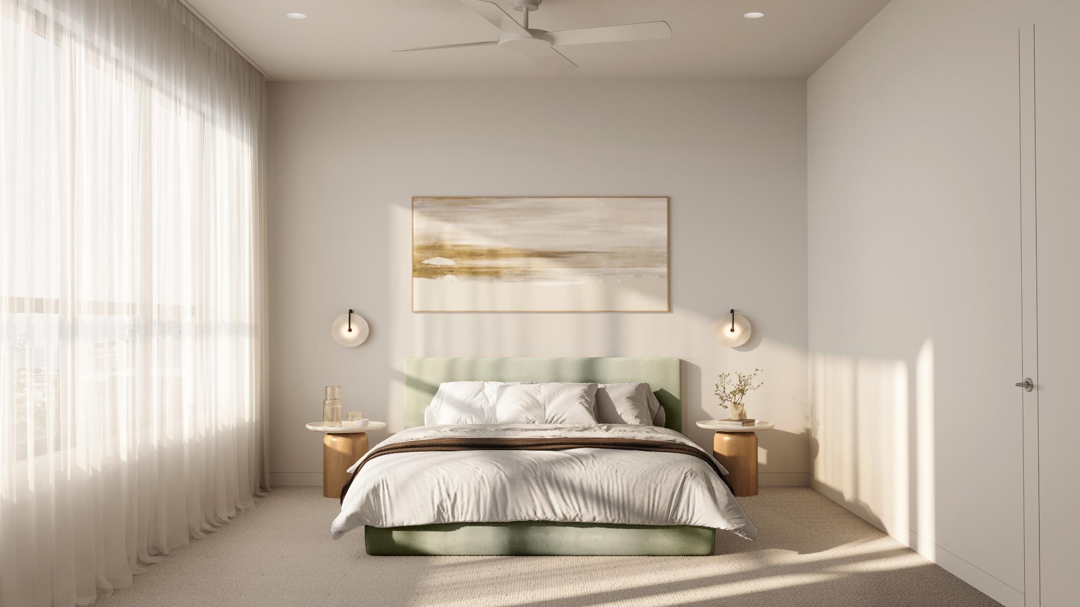 Main bedroom with sheer curtains and coastal light
