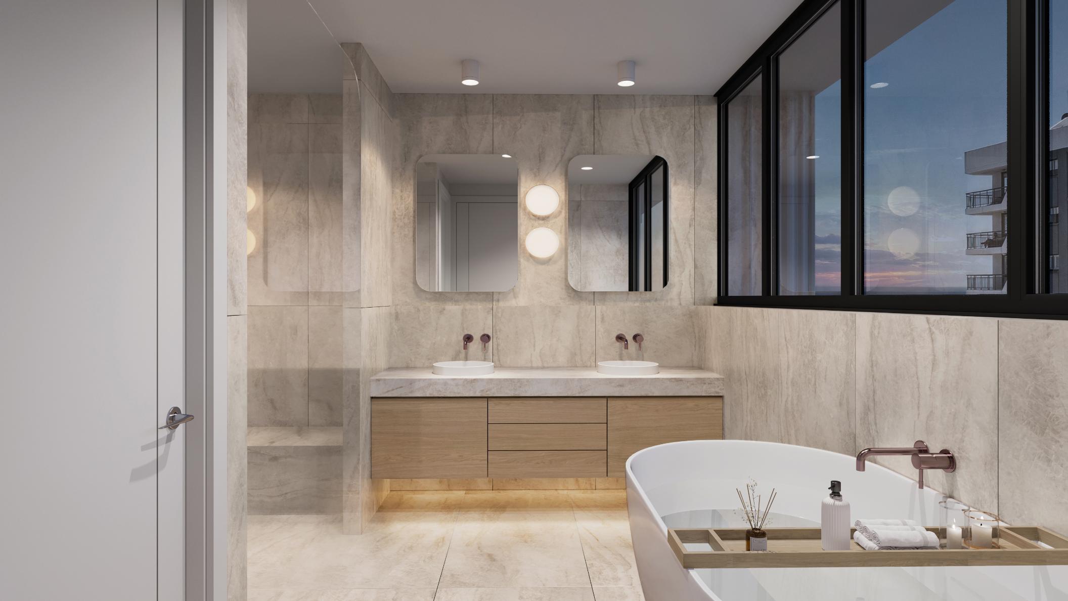 Ensuite with travertine tiling and freestanding bath