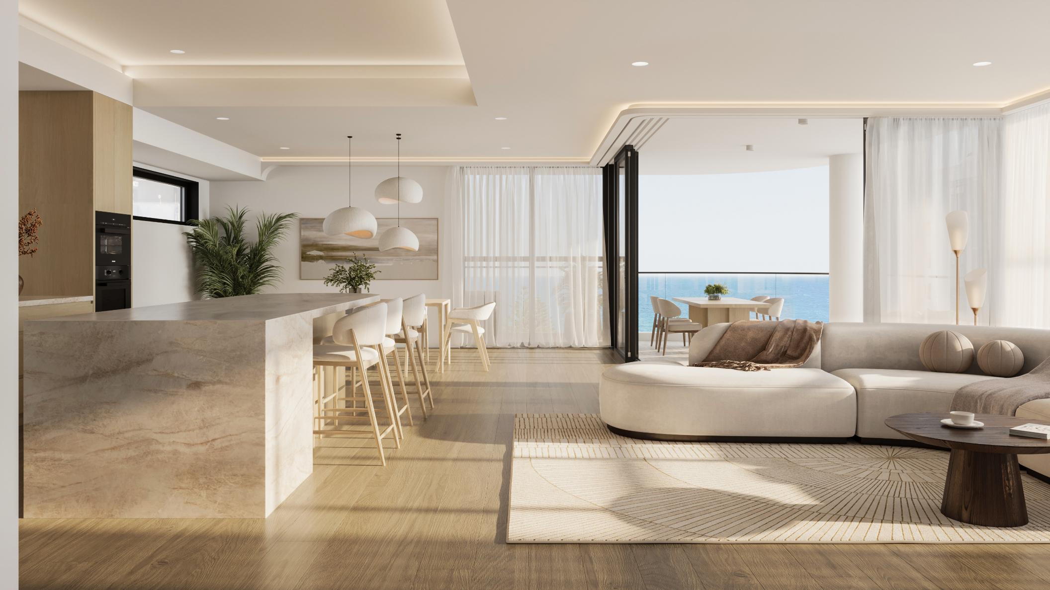 Open living and dining opening to the ocean