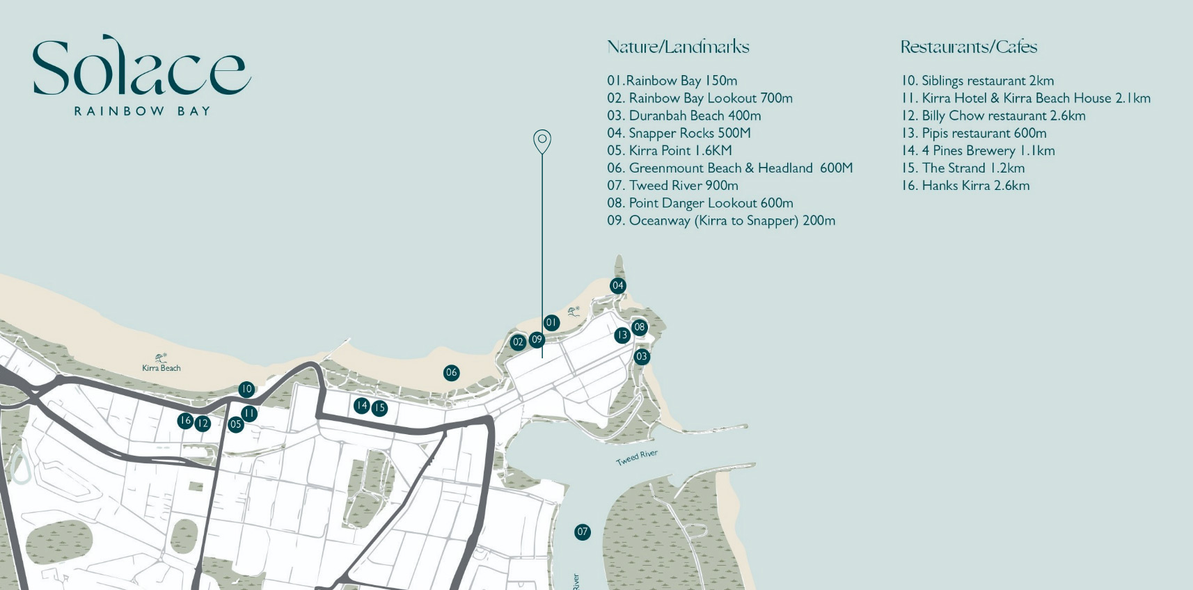 Map of Solace Rainbow Bay showing nearby beaches, landmarks, restaurants and cafés with walking distances