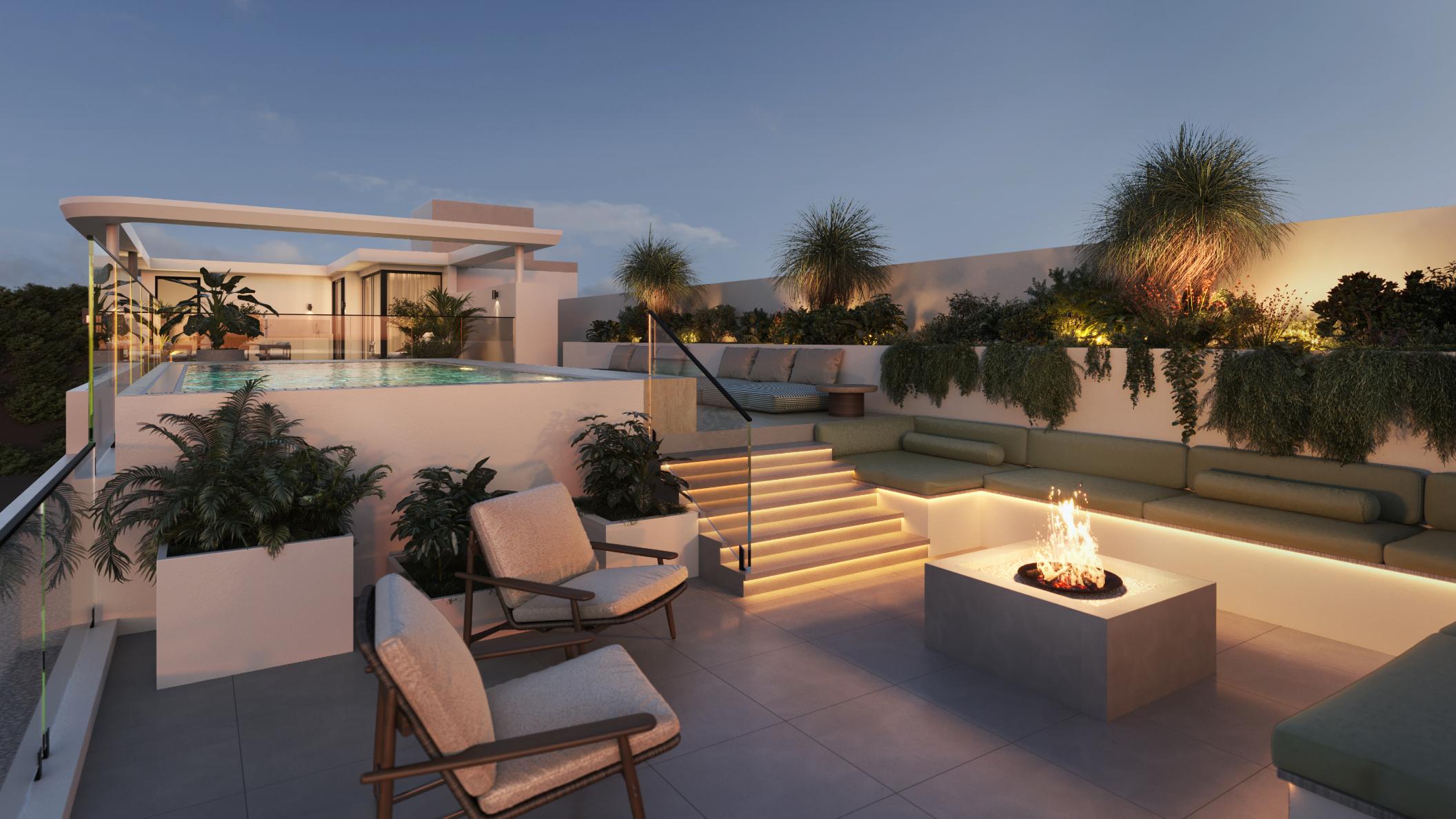 Rooftop firepit lounge at dusk